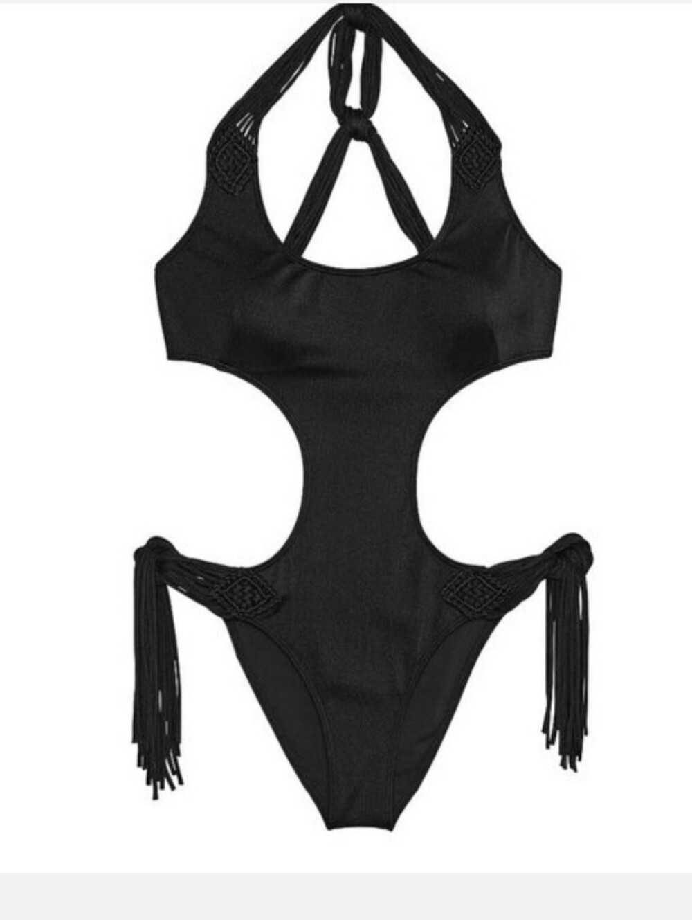 NWT Victoria's Secret Fringe Monokini One Piece Macrame Swimsuit Black SZ XL